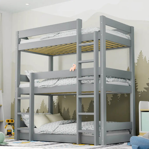 Grey triple bunk bed for kids by Regent – solid pine wood from side angle