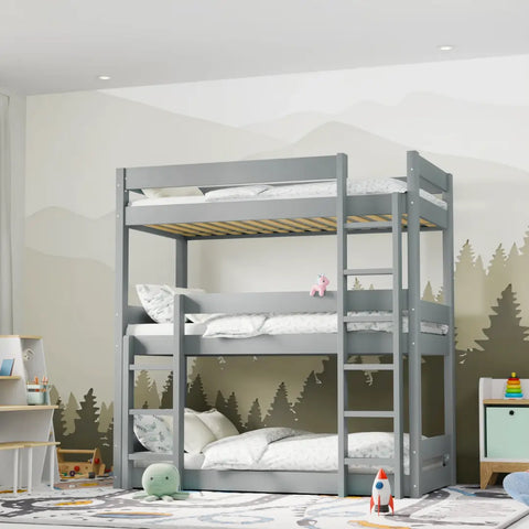 Space-saving grey triple bunk bed in small bedroom – by Regent
