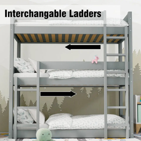 Sturdy ladder with rounded edges on grey wooden triple bunk bed