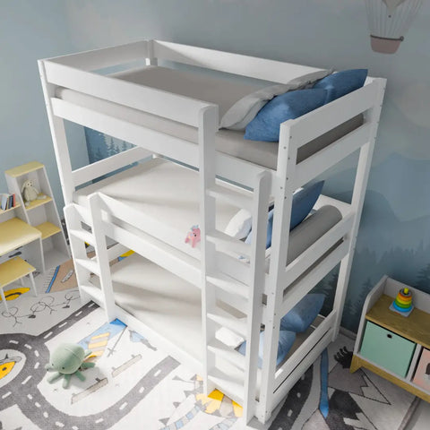 Interchangeable ladders on white triple bunk bed - flexible room layout options