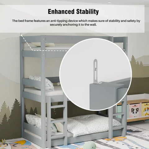 Anti-tip safety feature on Regent grey triple bunk bed – UK compliant