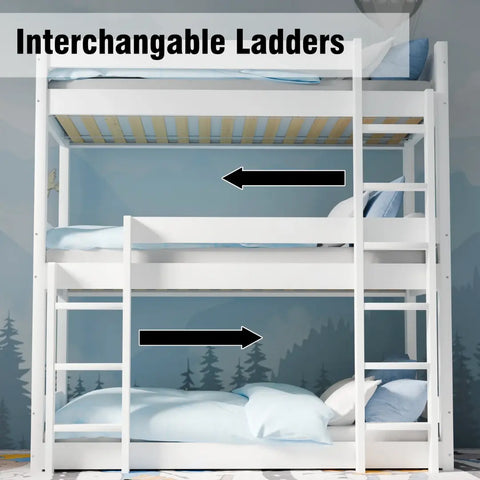 Close-up of durable solid pine wood construction in white triple bunk bed