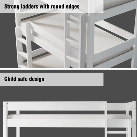 Space-saving white triple bunk bed in kids bedroom setup - ideal for siblings
