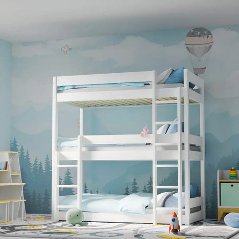 Anti-tipping safety device on triple bunk bed for enhanced stability and child security
