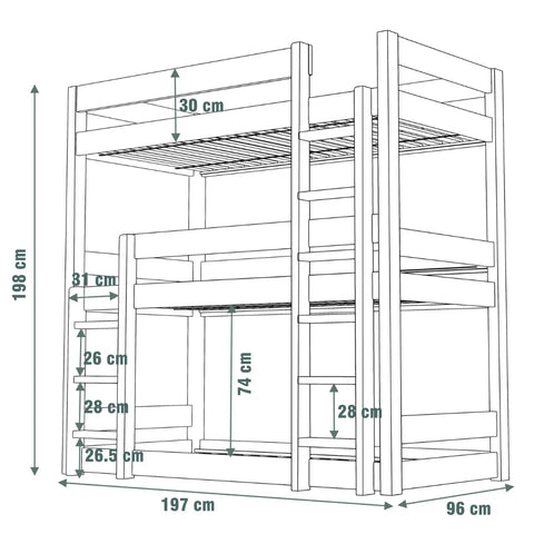Dimensions diagram of UK triple bunk bed showing space-efficient measurements