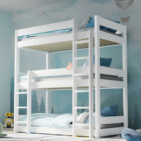 White triple bunk bed made from solid pine  space-saving solution for UK kids' rooms